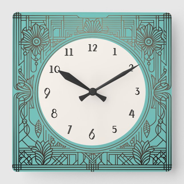 Reloj Art Déco Cuadrado en Verde azulado Aqua Turq (Anverso)
