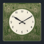Reloj Art Deco cuadrado en verde oscuro y oro<br><div class="desc">reloj art deco,  reloj art nouveau,  crema dorada,  cuadrado de los años 1920,  elegante estilo sofisticado de 1920,  antigüedades retro vintage,  anticuado estilo antiguo,  arte de la línea dorada en imitación,  reloj cuadrado minimalista sencillo,  diseño minimalista y elegante</div>