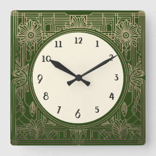 Reloj Art Deco cuadrado en verde oscuro y oro