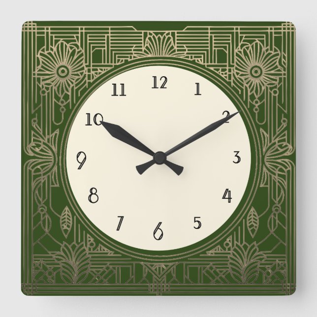 Reloj Art Deco cuadrado en verde oscuro y oro (Anverso)