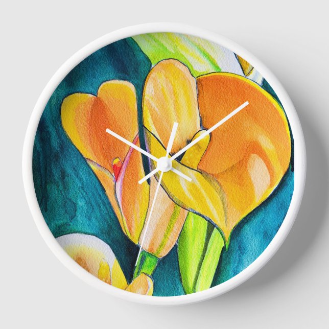 Reloj Arte en acuarela de flor de lirio Calla naranja (Anverso)