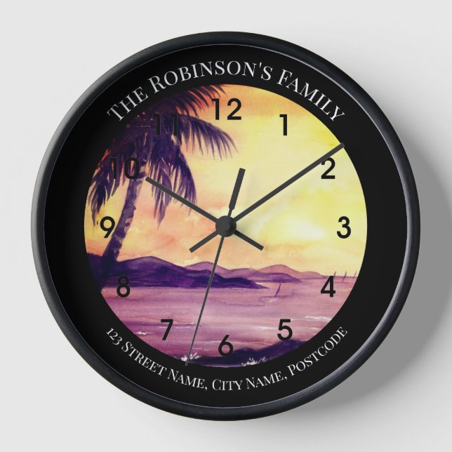 Reloj Atardecer en pintura tropical de Farida Greenfield (Anverso)