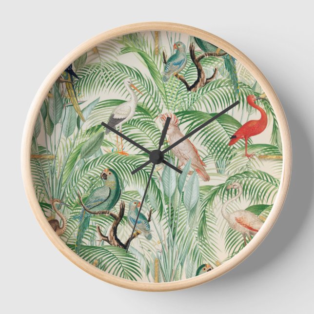 Reloj Aves tropicales y hojas de palma antiguas (Anverso)
