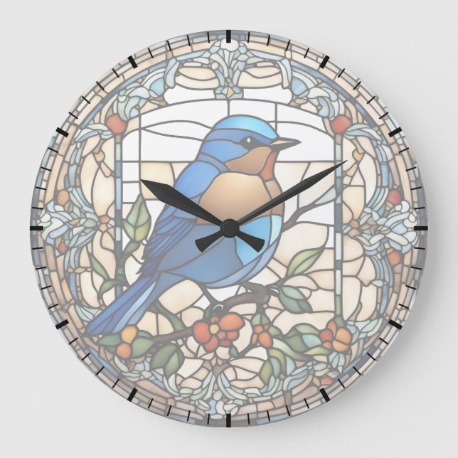Reloj azul de pájaro azul Faux Stained Glass (Anverso)