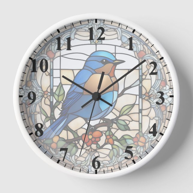 Reloj azul de pájaro azul Faux Stained Glass (Anverso)