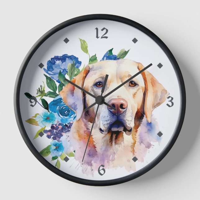 Reloj Azul Floral Bouquet Amarillo Labrador Perro recupe (Anverso)