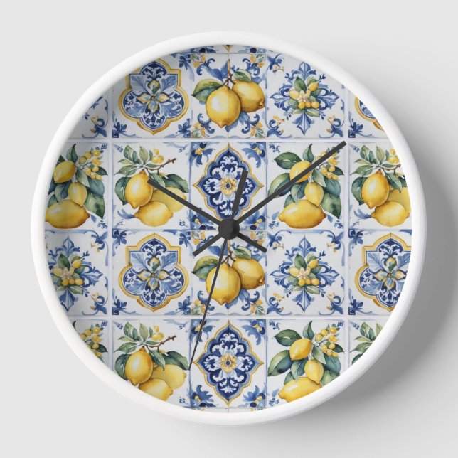 Reloj Baldosas Amalfitanas Blancas y Azules Lemons Itali (Anverso)