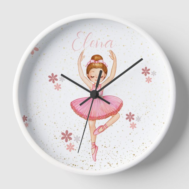 Reloj Ballerina chica personalizado de guardería rosa (Anverso)