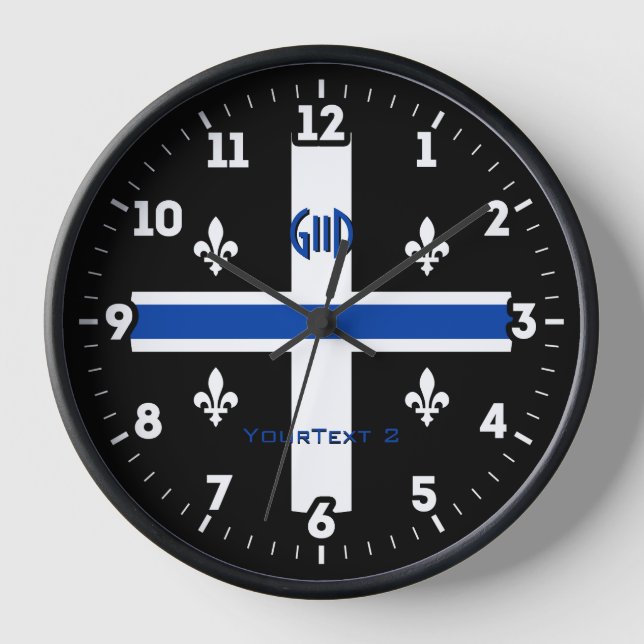 Reloj Bandera de Quebec Línea Azul Fleur de Lys en una (Anverso)