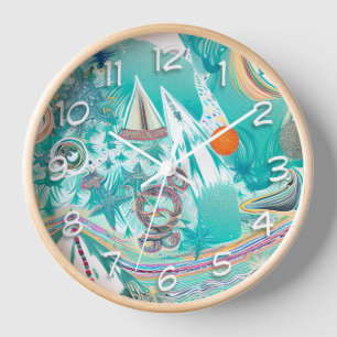 Reloj Barcos de vela y criaturas marinas Arte abstracto 
