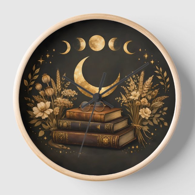 Reloj Biblioteca Mística Dorada y Arte Boho de Luna Botá (Anverso)