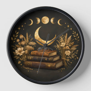 Reloj Biblioteca Mística Dorada y Arte Boho Lunar Botáni