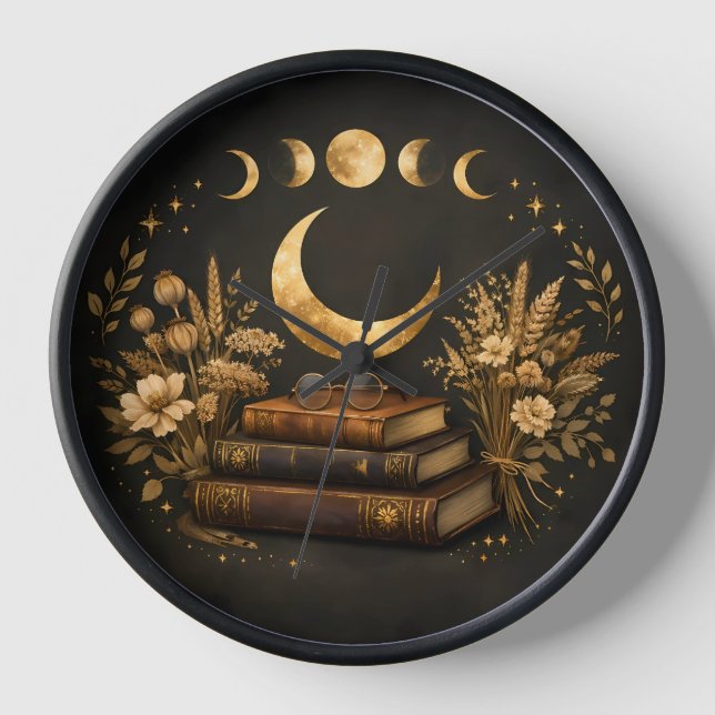 Reloj Biblioteca Mística Dorada y Arte Boho Lunar Botáni (Anverso)