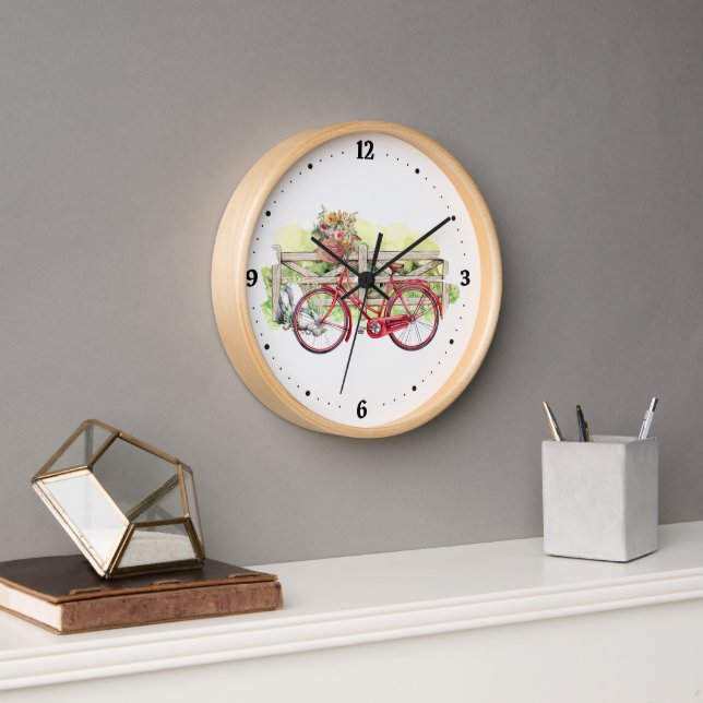Reloj Bicicleta roja con acuarela de flores (Oficina)