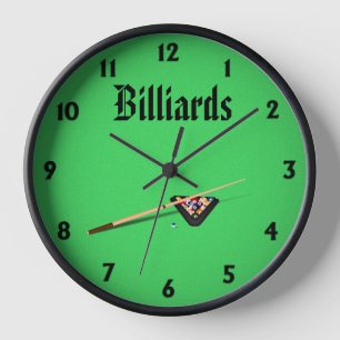 Reloj Billiards Pool Table Cue and Balls Black Numbers
