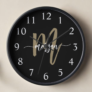 Reloj Black Gold Modern Script Monograma Nombre
