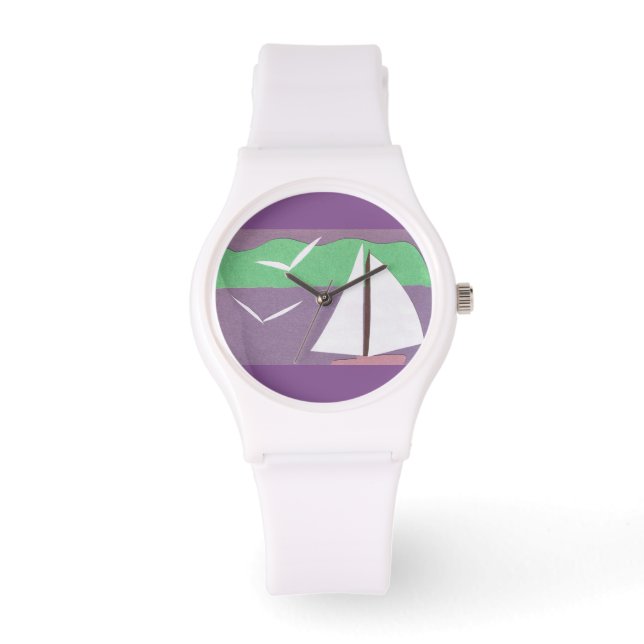 Reloj blanco con diseño de barco de vela (Anverso)