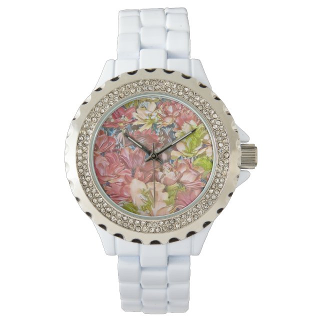 Reloj blanco floral con efecto de belleza (Anverso)