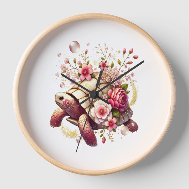 Reloj Blossom rosa de tortuga marina floral de Boho (Anverso)