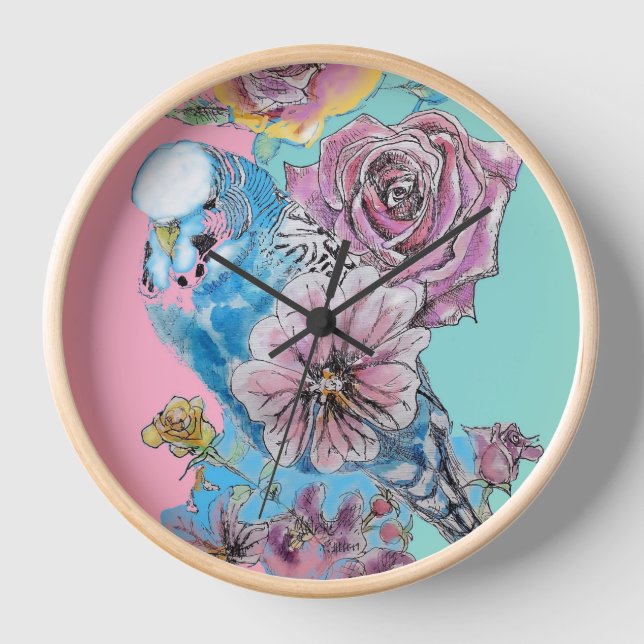 Reloj Blue Budgie Budgies Rosa Flor Flor Llave Anillo (Anverso)