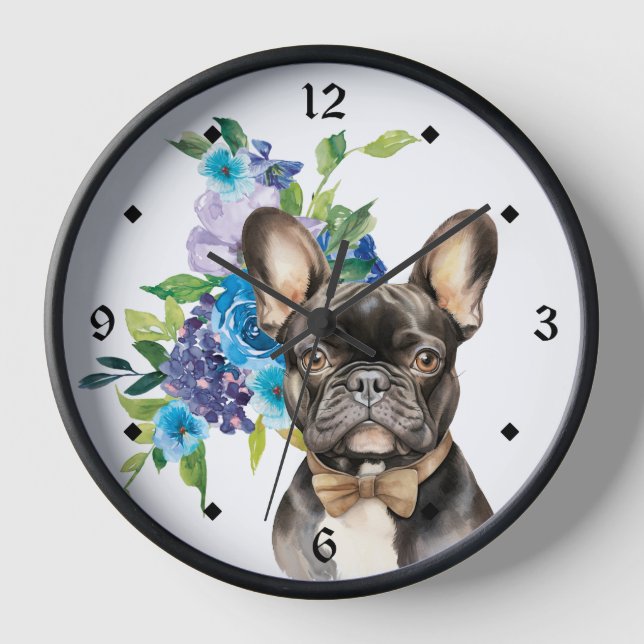 Reloj Blue Floral Bouquet Bowtie Bulldog francés (Anverso)