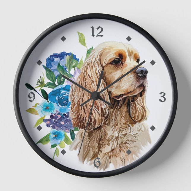 Reloj Blue Floral Bouquet Buff Cocker Spaniel Dog (Anverso)