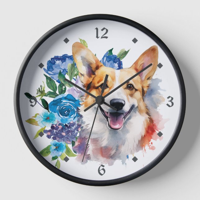 Reloj Blue Floral Bouquet Corgi Dog (Anverso)