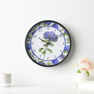 Reloj Blue Hydrangeas Arte Botánico Original Enmarcado