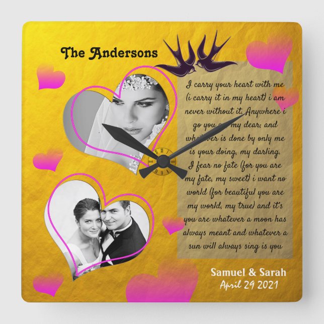 Reloj Boda dorado de Collage de fotos personalizad (Anverso)