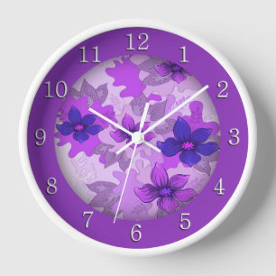 Reloj Bonito Flores púrpuras Números blancos
