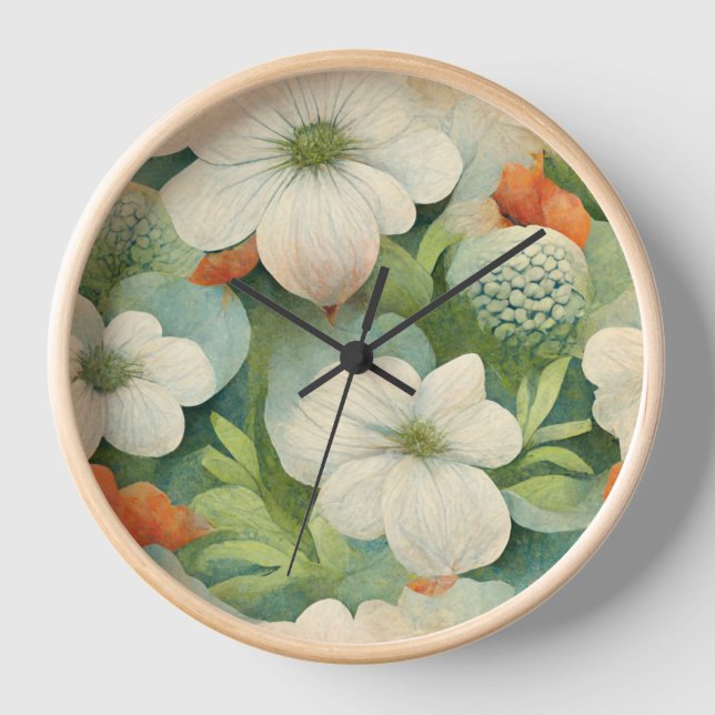 Reloj Botánico blanco y naranja de inspiración japonesa (Anverso)