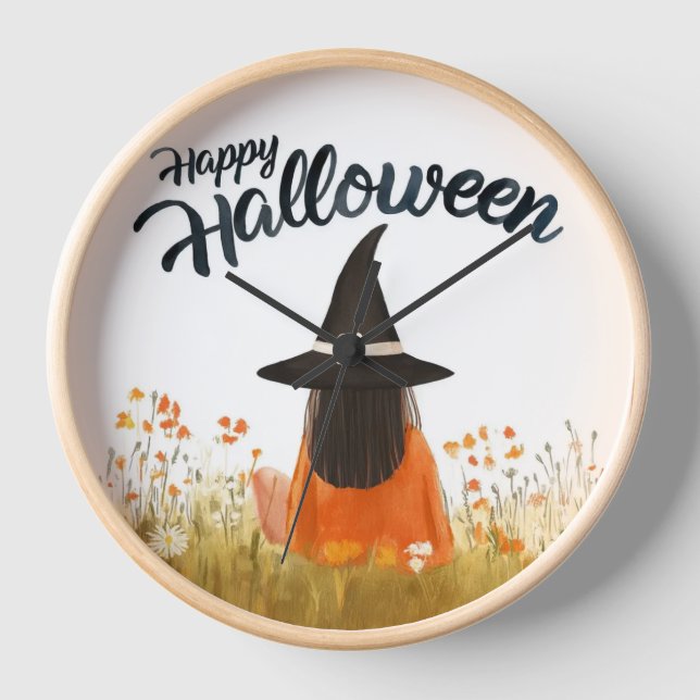 Reloj Bruja de Halloween en Campo de Flores (Anverso)