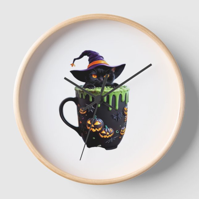 Reloj Bruja Gato Halloween Café Mug - Gato negro lindo w (Anverso)