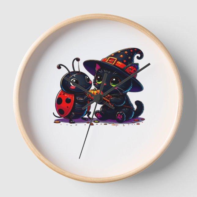 Reloj Buitre y gato negro Halloween clásico T-Shi (Anverso)