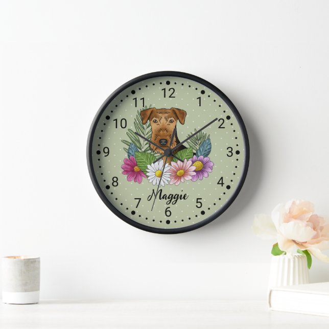 Reloj Cabeza De Perro Airedale Terrier Con Flores Y Nomb (Hogar)