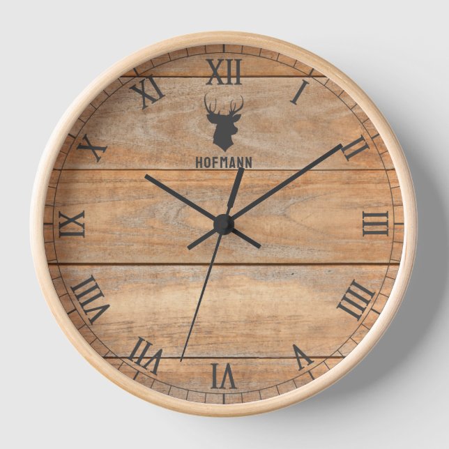 Reloj Cabeza Rústica de venado Ronda Madera Natural Pers (Anverso)
