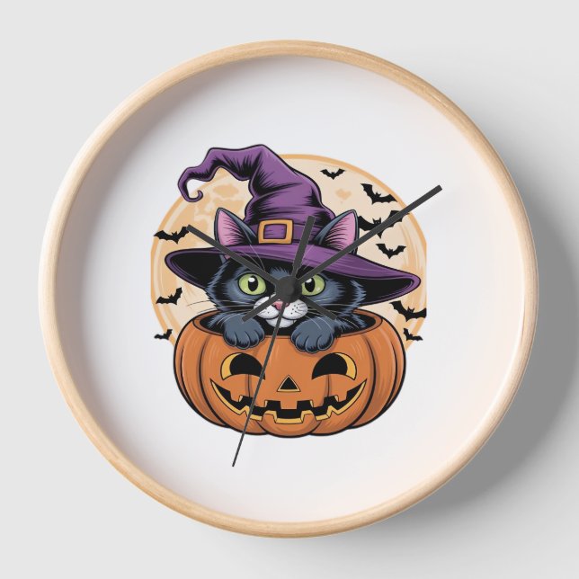 Reloj Calabaza de Halloween Gato negro camiseta sobredim (Anverso)
