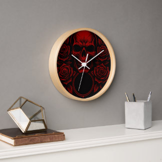 Reloj Calavera Roja con Rosas - Arte Gótico Oscuro