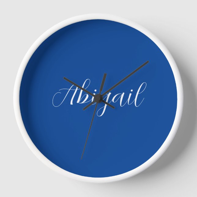 Reloj Caligrafía Elegante Blue White Plain Nombre simple (Anverso)