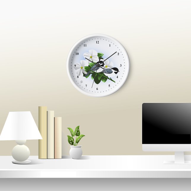 Reloj Calzado De Pared De Chickadee Y Flores (Chickadee and Dogwood Clock Mockop)