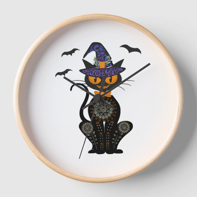 Reloj Camiseta de Halloween para brujas de gato negro (Anverso)