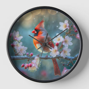 Reloj Cardenal masculino en flor de cerezo a la luz de l