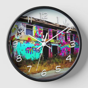 Reloj Casa abandonada con graffiti colorido