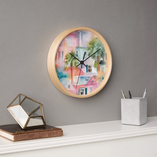 Reloj Casas de acuarela azul rosa Casas de palmeras trop (Oficina)