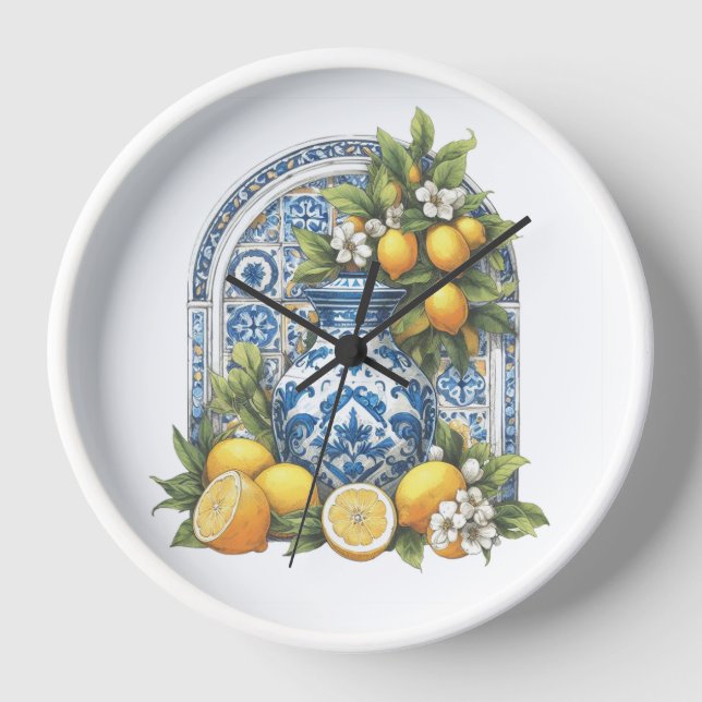 Reloj Cerámica Amalfi blanca y azul Vase Lemons Italia (Anverso)