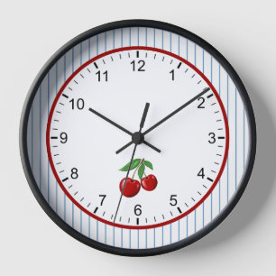 Reloj Cerezas rojas sobre rayas azules estilo retro enma