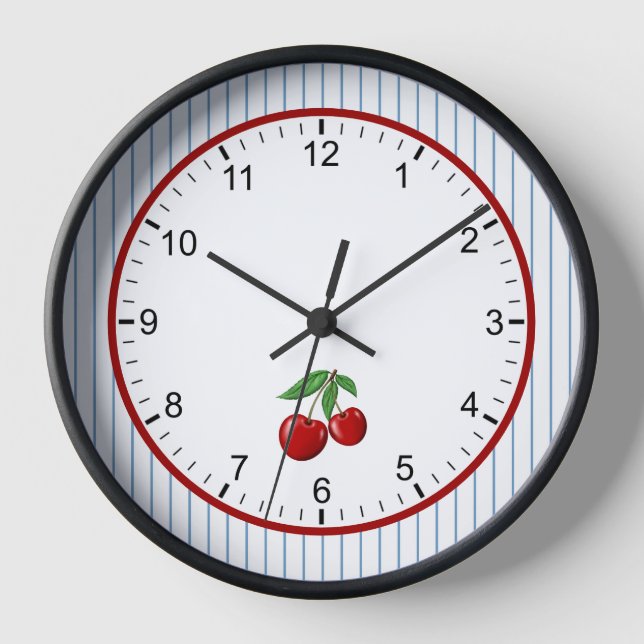 Reloj Cerezas rojas sobre rayas azules estilo retro enma (Anverso)