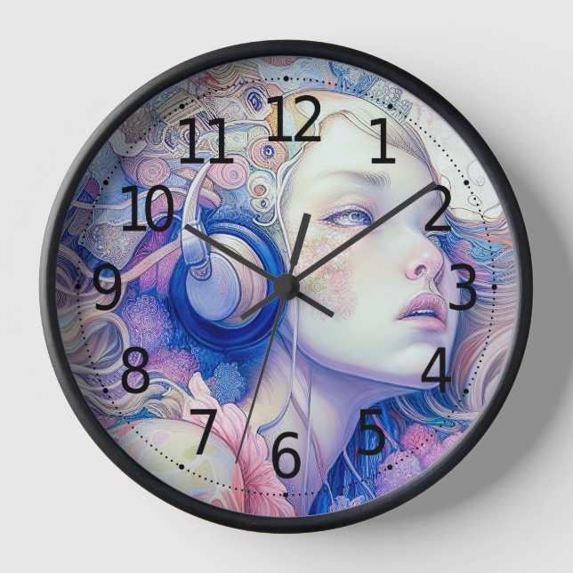 Reloj Chica lindo con audífono música arte moderno | (Anverso)