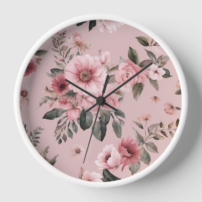 Reloj Chicas Cute rosa Floral pared botánica (Anverso)