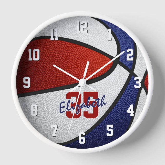Reloj chicas de azul rojo niños baloncesto personalizado (Anverso)